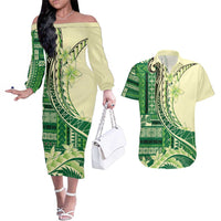 Samoa Siapo Mamanu Couples Matching Off The Shoulder Long Sleeve Dress and Hawaiian Shirt Plumeria Emerald Motifs LT7 Green - Polynesian Pride