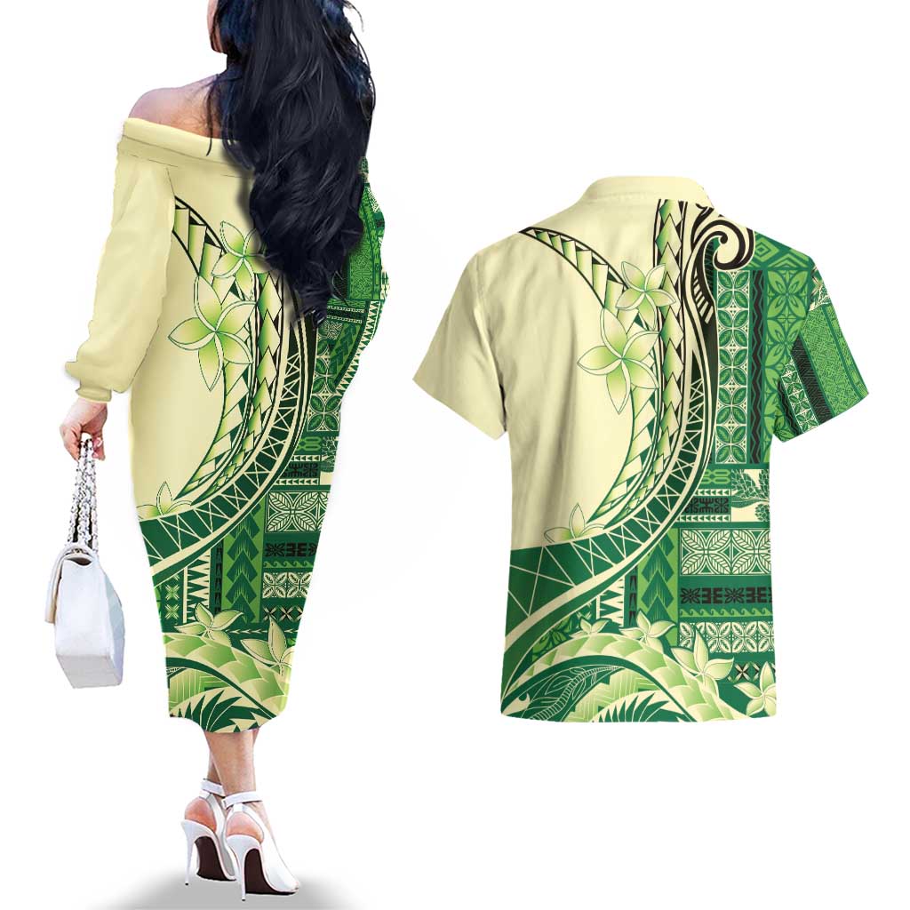 Samoa Siapo Mamanu Couples Matching Off The Shoulder Long Sleeve Dress and Hawaiian Shirt Plumeria Emerald Motifs LT7 - Polynesian Pride