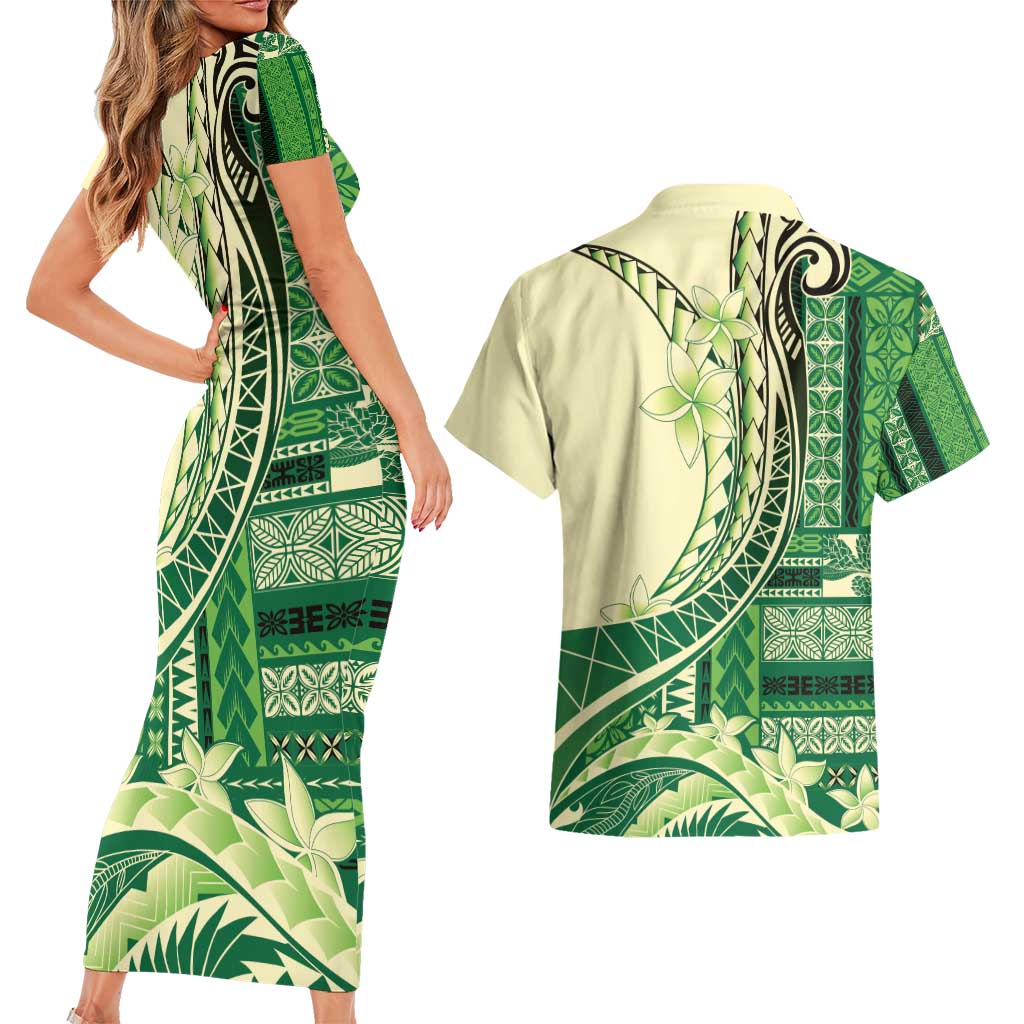 Samoa Siapo Mamanu Couples Matching Short Sleeve Bodycon Dress and Hawaiian Shirt Plumeria Emerald Motifs LT7 - Polynesian Pride