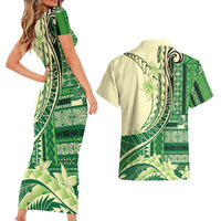 Samoa Siapo Mamanu Couples Matching Short Sleeve Bodycon Dress and Hawaiian Shirt Plumeria Emerald Motifs LT7 - Polynesian Pride