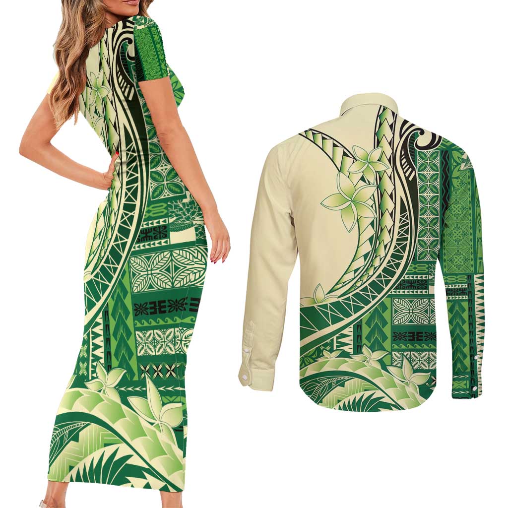Samoa Siapo Mamanu Couples Matching Short Sleeve Bodycon Dress and Long Sleeve Button Shirt Plumeria Emerald Motifs LT7 - Polynesian Pride
