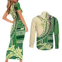 Samoa Siapo Mamanu Couples Matching Short Sleeve Bodycon Dress and Long Sleeve Button Shirt Plumeria Emerald Motifs LT7 - Polynesian Pride