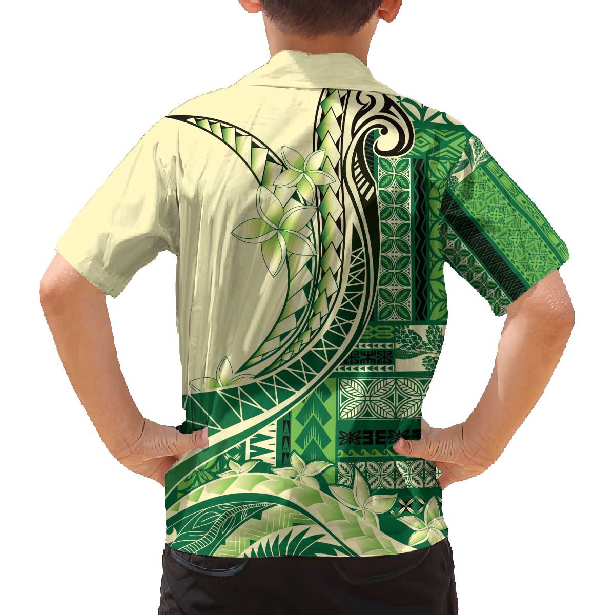 Samoa Siapo Mamanu Family Matching Off The Shoulder Long Sleeve Dress and Hawaiian Shirt Plumeria Emerald Motifs LT7 - Polynesian Pride