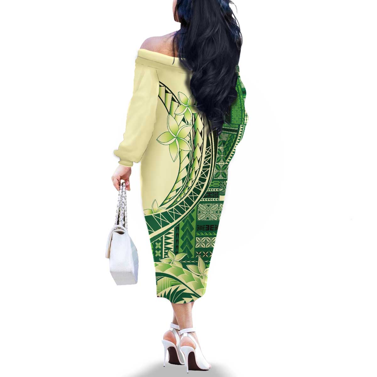 Samoa Siapo Mamanu Family Matching Off The Shoulder Long Sleeve Dress and Hawaiian Shirt Plumeria Emerald Motifs LT7 - Polynesian Pride