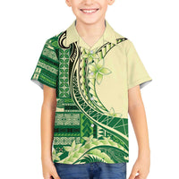 Samoa Siapo Mamanu Family Matching Off The Shoulder Long Sleeve Dress and Hawaiian Shirt Plumeria Emerald Motifs LT7 Son's Shirt Green - Polynesian Pride