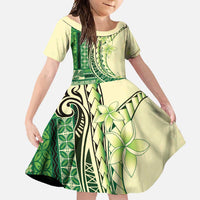 Samoa Siapo Mamanu Family Matching Off Shoulder Maxi Dress and Hawaiian Shirt Plumeria Emerald Motifs LT7 Daughter's Dress Green - Polynesian Pride