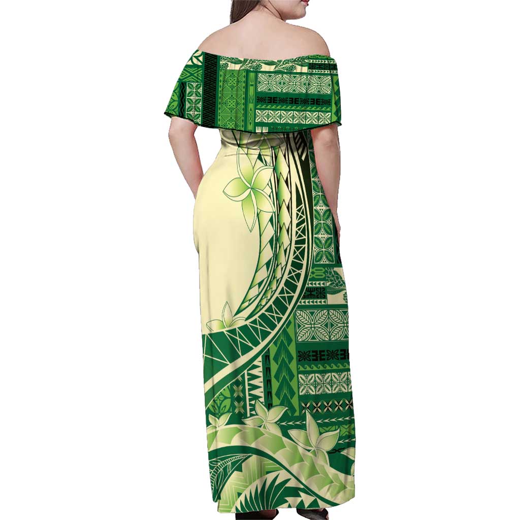 Samoa Siapo Mamanu Family Matching Off Shoulder Maxi Dress and Hawaiian Shirt Plumeria Emerald Motifs LT7 - Polynesian Pride