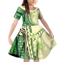 Samoa Siapo Mamanu Family Matching Off Shoulder Short Dress and Hawaiian Shirt Plumeria Emerald Motifs LT7 Daughter's Dress Green - Polynesian Pride