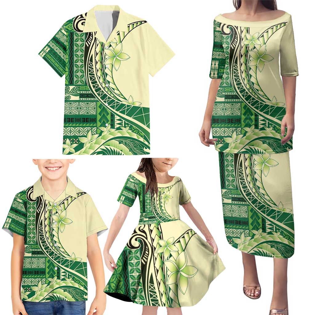 Samoa Siapo Mamanu Family Matching Puletasi and Hawaiian Shirt Plumeria Emerald Motifs LT7 - Polynesian Pride