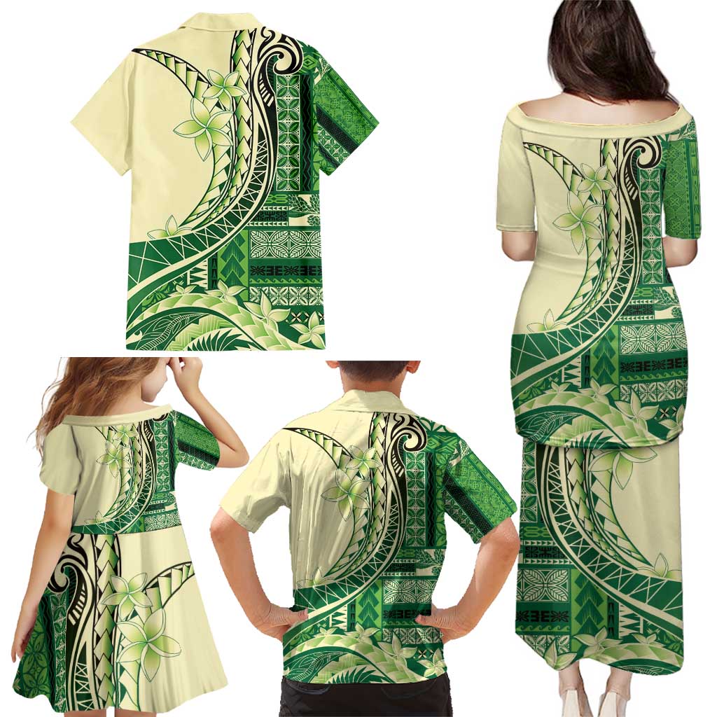 Samoa Siapo Mamanu Family Matching Puletasi and Hawaiian Shirt Plumeria Emerald Motifs LT7 - Polynesian Pride