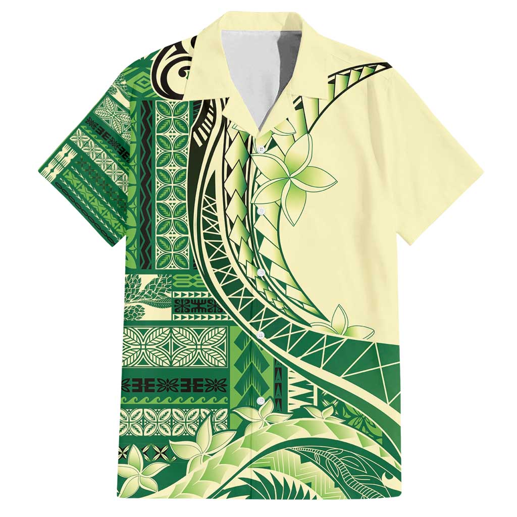 Samoa Siapo Mamanu Family Matching Puletasi and Hawaiian Shirt Plumeria Emerald Motifs LT7 Dad's Shirt - Short Sleeve Green - Polynesian Pride