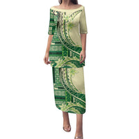 Samoa Siapo Mamanu Family Matching Puletasi and Hawaiian Shirt Plumeria Emerald Motifs LT7 Mom's Dress Green - Polynesian Pride