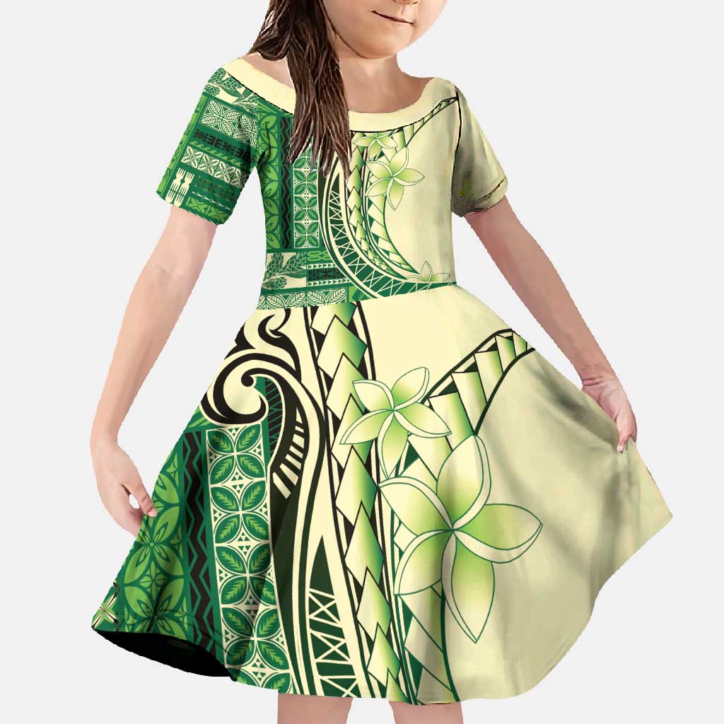 Samoa Siapo Mamanu Family Matching Short Sleeve Bodycon Dress and Hawaiian Shirt Plumeria Emerald Motifs LT7 Daughter's Dress Green - Polynesian Pride