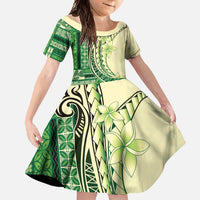 Samoa Siapo Mamanu Family Matching Short Sleeve Bodycon Dress and Hawaiian Shirt Plumeria Emerald Motifs LT7 Daughter's Dress Green - Polynesian Pride
