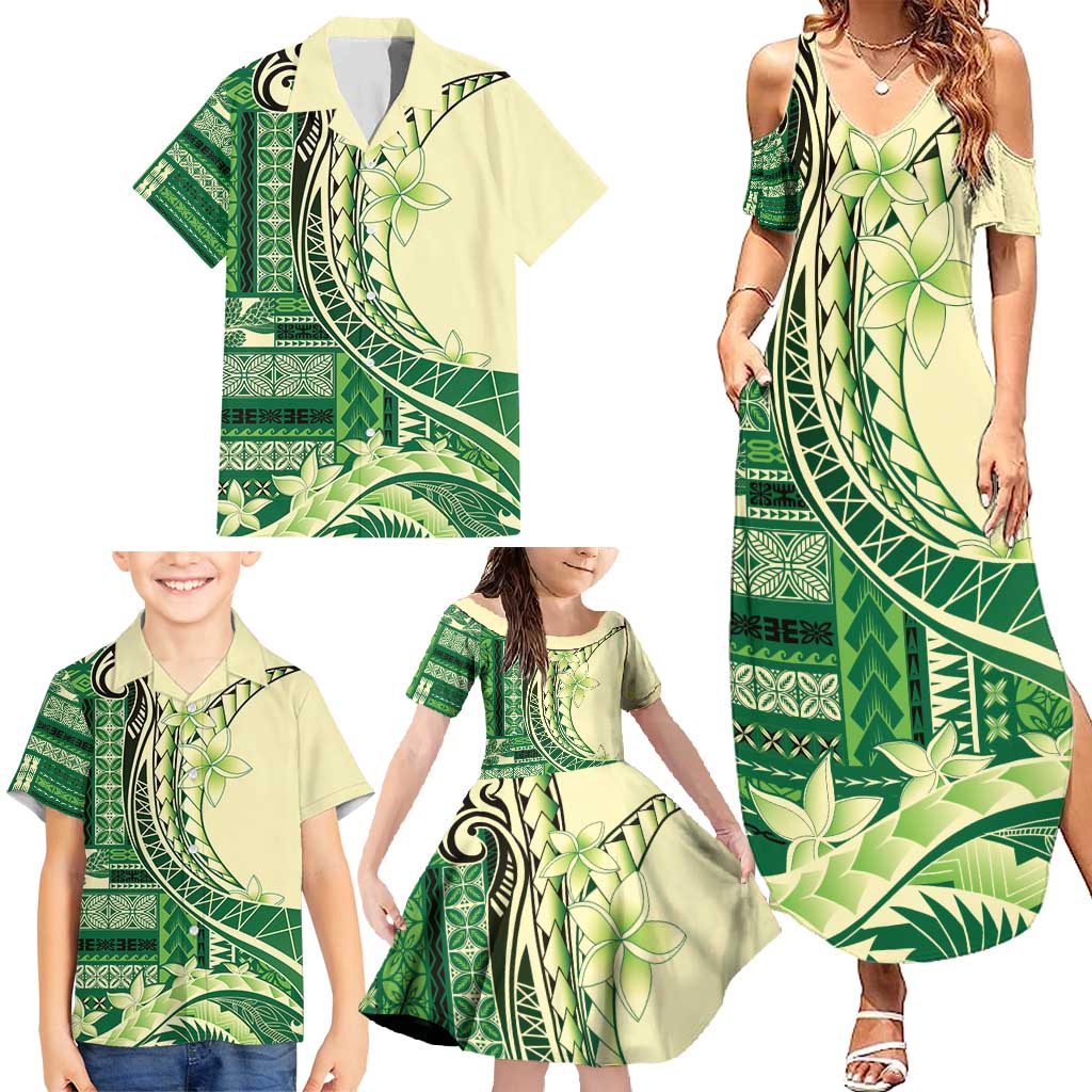 Samoa Siapo Mamanu Family Matching Summer Maxi Dress and Hawaiian Shirt Plumeria Emerald Motifs LT7 - Polynesian Pride