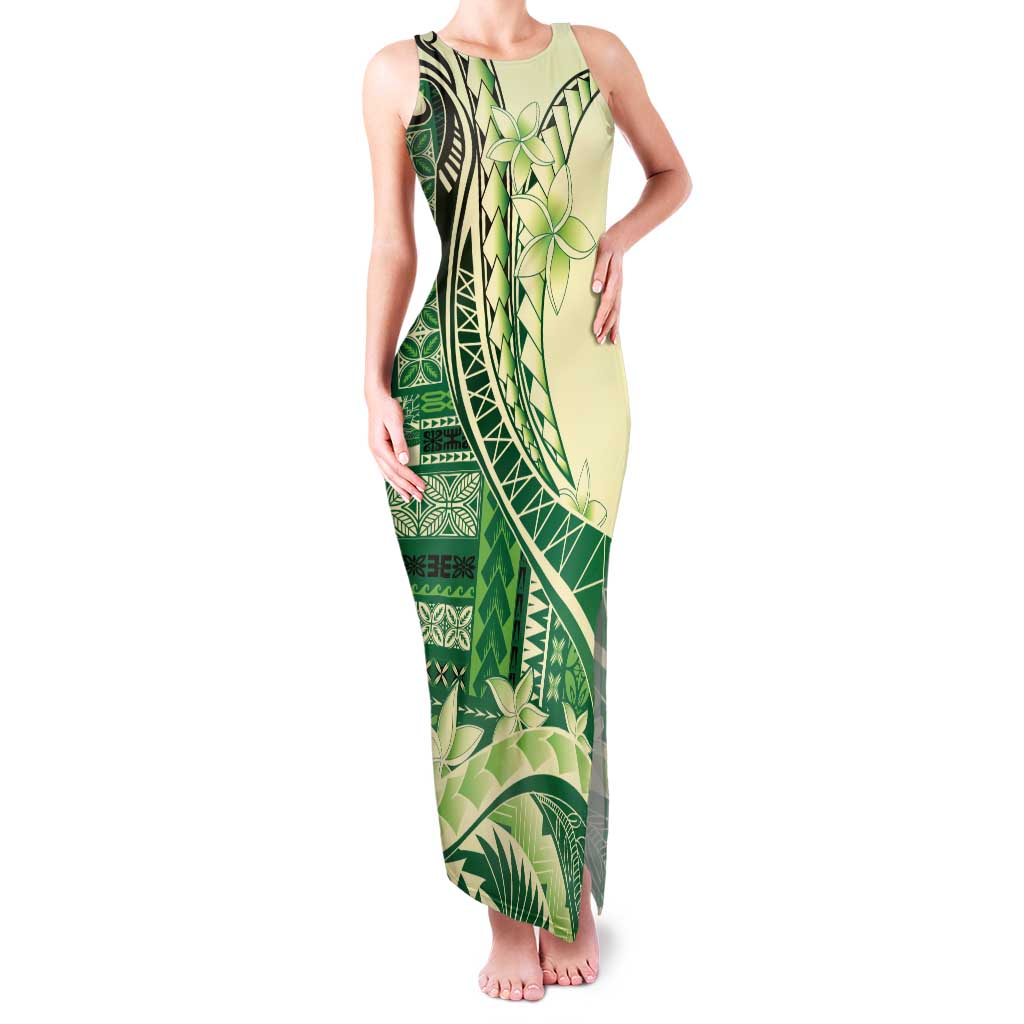 Samoa Siapo Mamanu Family Matching Tank Maxi Dress and Hawaiian Shirt Plumeria Emerald Motifs LT7 Mom's Dress Green - Polynesian Pride