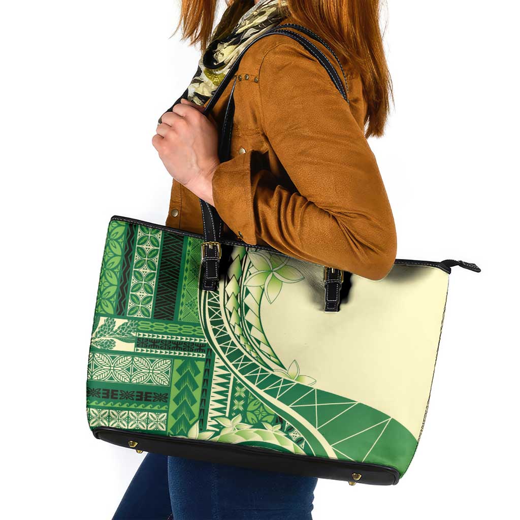 Samoa Siapo Mamanu Leather Tote Bag Plumeria Emerald Motifs LT7 Green - Polynesian Pride