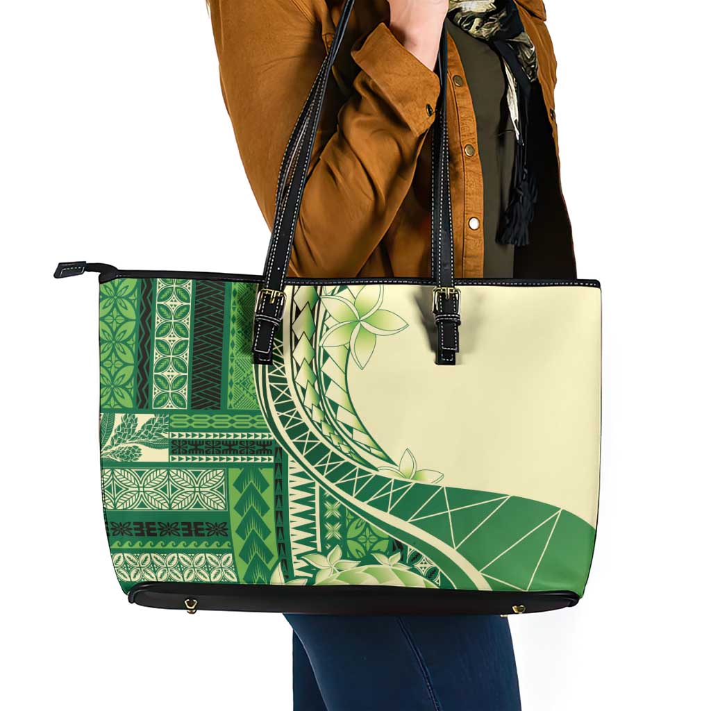 Samoa Siapo Mamanu Leather Tote Bag Plumeria Emerald Motifs LT7 - Polynesian Pride