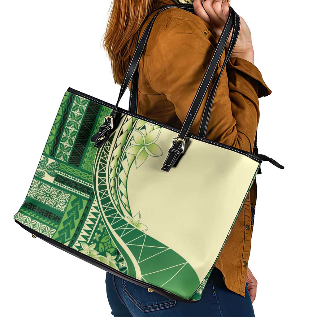 Samoa Siapo Mamanu Leather Tote Bag Plumeria Emerald Motifs LT7 - Polynesian Pride