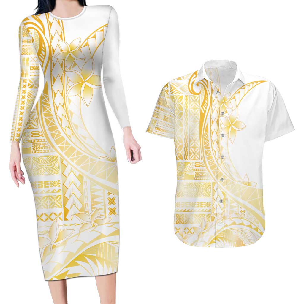 Samoa Siapo Mamanu Couples Matching Long Sleeve Bodycon Dress and Hawaiian Shirt Plumeria Fancy Gold Motifs LT7 Gold - Polynesian Pride