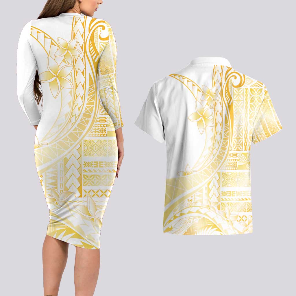 Samoa Siapo Mamanu Couples Matching Long Sleeve Bodycon Dress and Hawaiian Shirt Plumeria Fancy Gold Motifs LT7 - Polynesian Pride