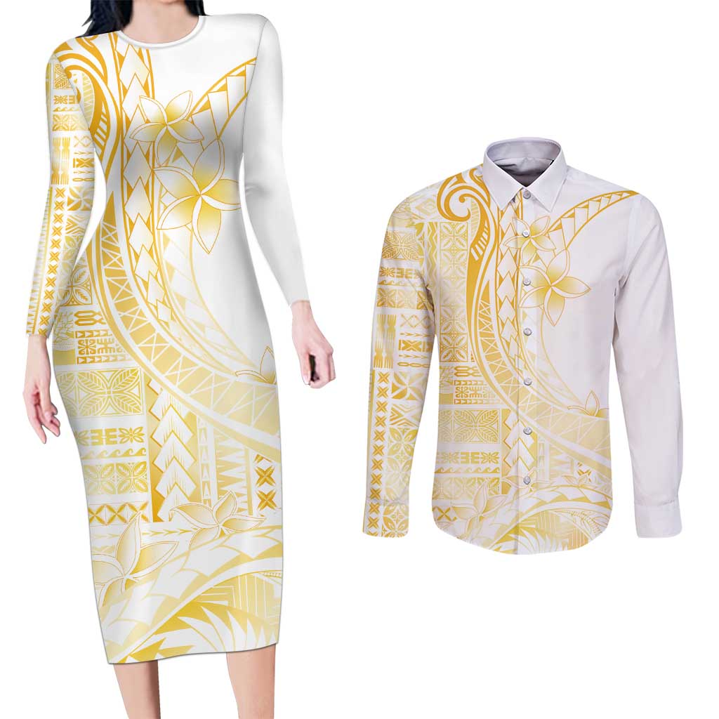 Samoa Siapo Mamanu Couples Matching Long Sleeve Bodycon Dress and Long Sleeve Button Shirt Plumeria Fancy Gold Motifs LT7 Gold - Polynesian Pride
