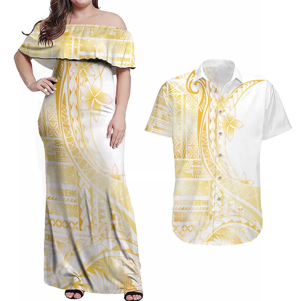 Samoa Siapo Mamanu Couples Matching Off Shoulder Maxi Dress and Hawaiian Shirt Plumeria Fancy Gold Motifs LT7 Gold - Polynesian Pride