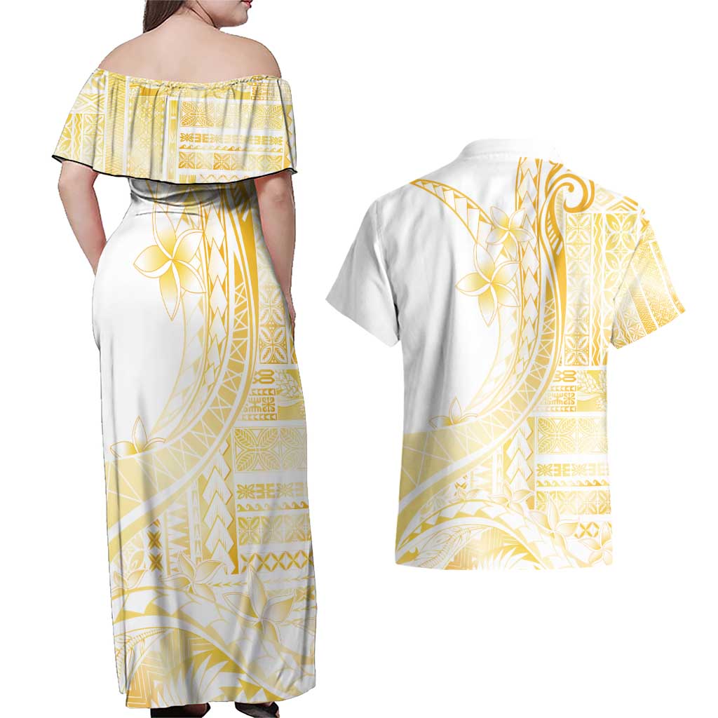 Samoa Siapo Mamanu Couples Matching Off Shoulder Maxi Dress and Hawaiian Shirt Plumeria Fancy Gold Motifs LT7 - Polynesian Pride