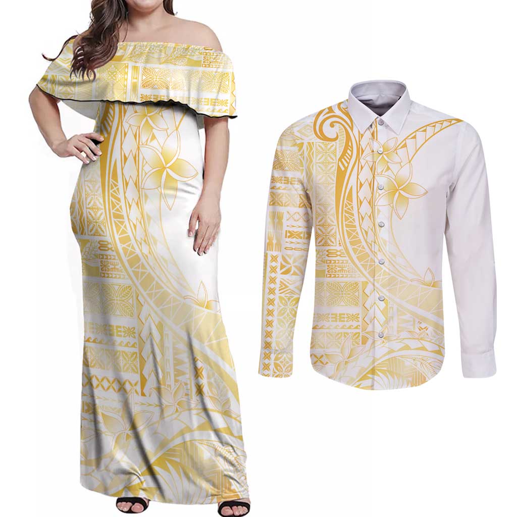 Samoa Siapo Mamanu Couples Matching Off Shoulder Maxi Dress and Long Sleeve Button Shirt Plumeria Fancy Gold Motifs LT7 Gold - Polynesian Pride
