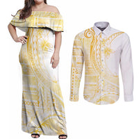 Samoa Siapo Mamanu Couples Matching Off Shoulder Maxi Dress and Long Sleeve Button Shirt Plumeria Fancy Gold Motifs LT7 Gold - Polynesian Pride