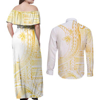 Samoa Siapo Mamanu Couples Matching Off Shoulder Maxi Dress and Long Sleeve Button Shirt Plumeria Fancy Gold Motifs LT7 - Polynesian Pride