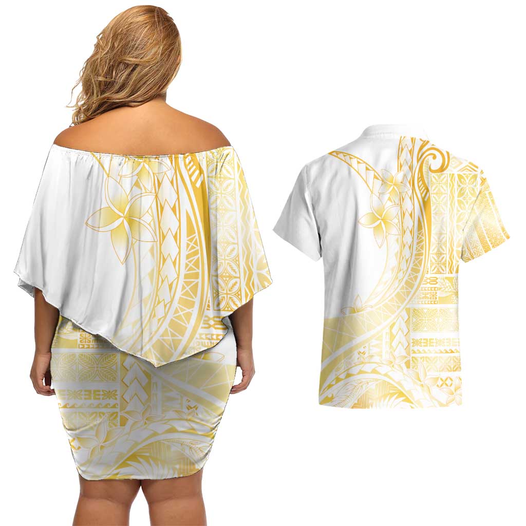 Samoa Siapo Mamanu Couples Matching Off Shoulder Short Dress and Hawaiian Shirt Plumeria Fancy Gold Motifs LT7 - Polynesian Pride