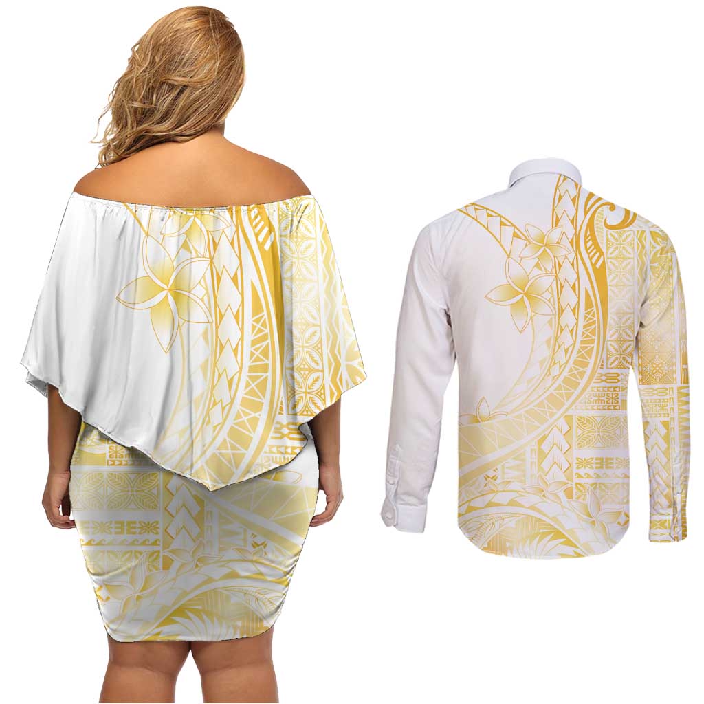 Samoa Siapo Mamanu Couples Matching Off Shoulder Short Dress and Long Sleeve Button Shirt Plumeria Fancy Gold Motifs LT7 - Polynesian Pride