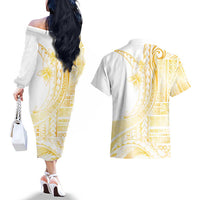Samoa Siapo Mamanu Couples Matching Off The Shoulder Long Sleeve Dress and Hawaiian Shirt Plumeria Fancy Gold Motifs LT7 - Polynesian Pride