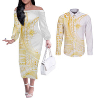 Samoa Siapo Mamanu Couples Matching Off The Shoulder Long Sleeve Dress and Long Sleeve Button Shirt Plumeria Fancy Gold Motifs LT7 Gold - Polynesian Pride