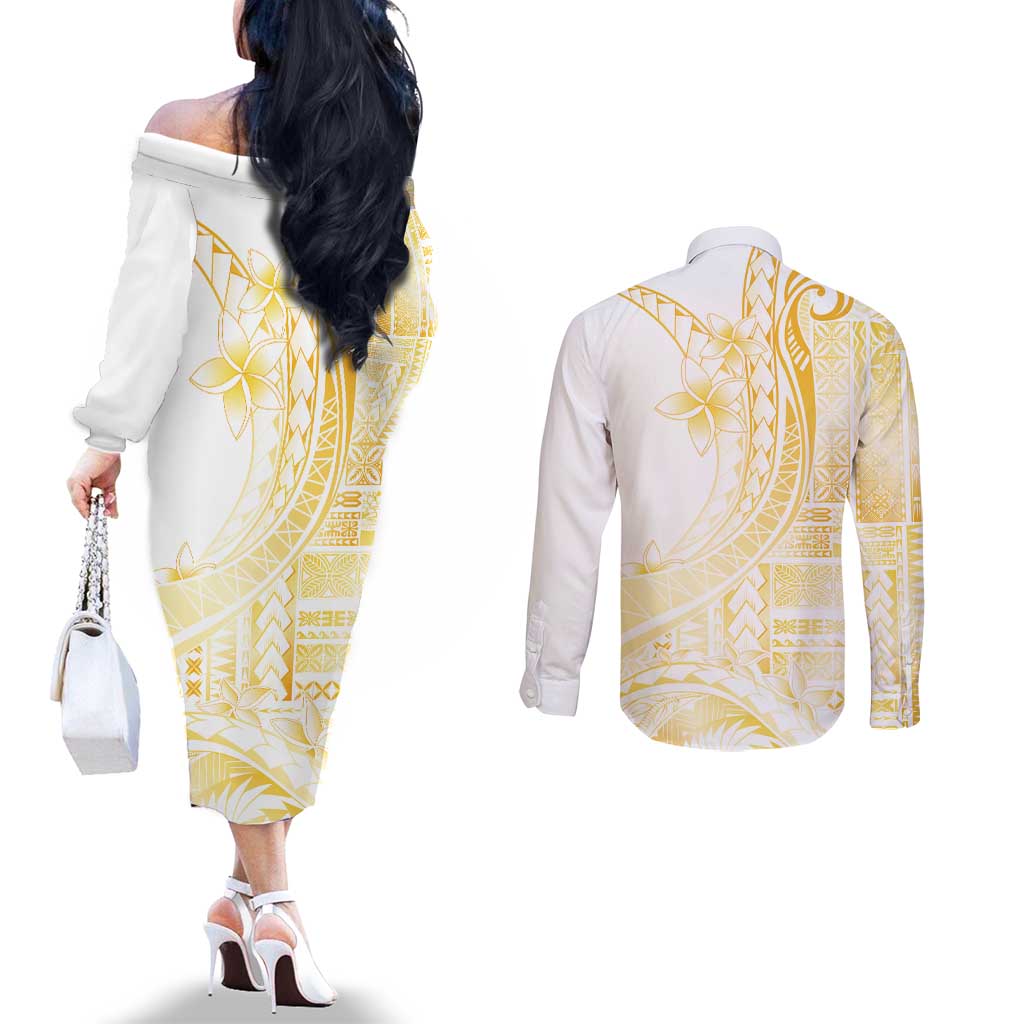 Samoa Siapo Mamanu Couples Matching Off The Shoulder Long Sleeve Dress and Long Sleeve Button Shirt Plumeria Fancy Gold Motifs LT7 - Polynesian Pride