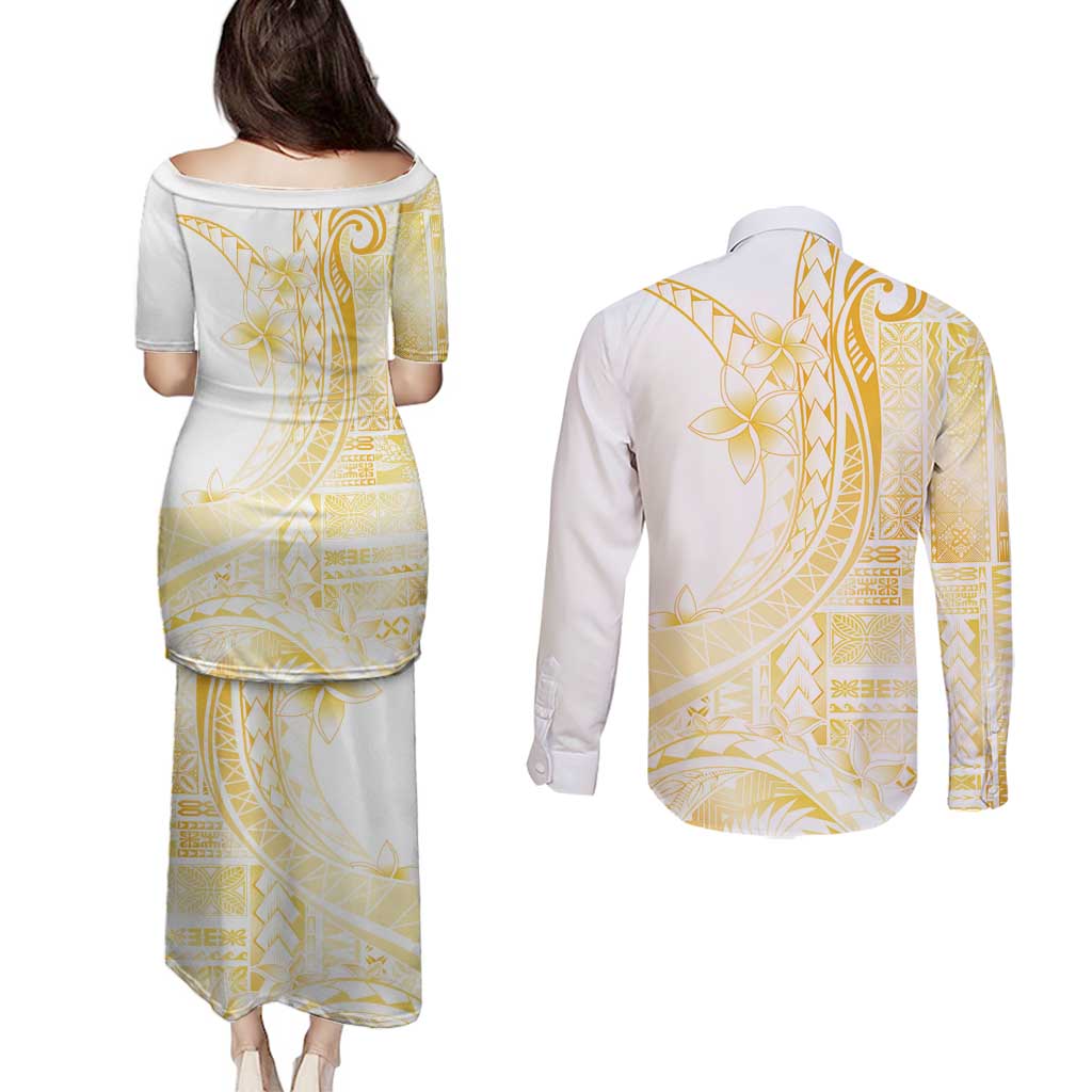 Samoa Siapo Mamanu Couples Matching Puletasi and Long Sleeve Button Shirt Plumeria Fancy Gold Motifs LT7 - Polynesian Pride
