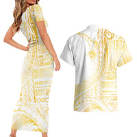 Samoa Siapo Mamanu Couples Matching Short Sleeve Bodycon Dress and Hawaiian Shirt Plumeria Fancy Gold Motifs LT7 - Polynesian Pride