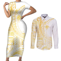 Samoa Siapo Mamanu Couples Matching Short Sleeve Bodycon Dress and Long Sleeve Button Shirt Plumeria Fancy Gold Motifs LT7 Gold - Polynesian Pride