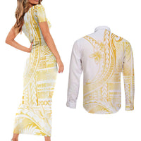 Samoa Siapo Mamanu Couples Matching Short Sleeve Bodycon Dress and Long Sleeve Button Shirt Plumeria Fancy Gold Motifs LT7 - Polynesian Pride
