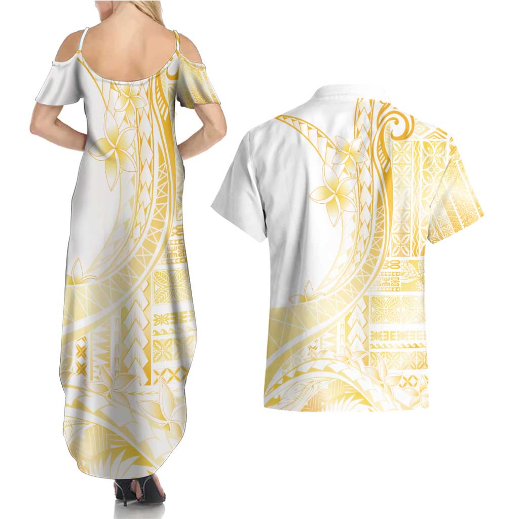 Samoa Siapo Mamanu Couples Matching Summer Maxi Dress and Hawaiian Shirt Plumeria Fancy Gold Motifs LT7 - Polynesian Pride