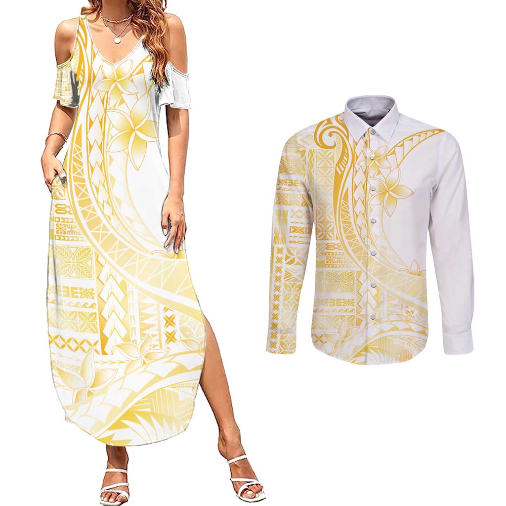Samoa Siapo Mamanu Couples Matching Summer Maxi Dress and Long Sleeve Button Shirt Plumeria Fancy Gold Motifs LT7 Gold - Polynesian Pride