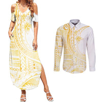 Samoa Siapo Mamanu Couples Matching Summer Maxi Dress and Long Sleeve Button Shirt Plumeria Fancy Gold Motifs LT7 Gold - Polynesian Pride