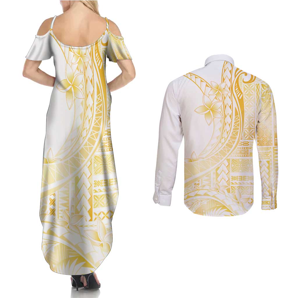 Samoa Siapo Mamanu Couples Matching Summer Maxi Dress and Long Sleeve Button Shirt Plumeria Fancy Gold Motifs LT7 - Polynesian Pride