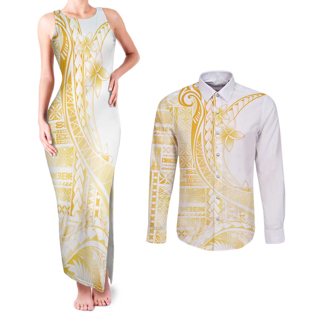Samoa Siapo Mamanu Couples Matching Tank Maxi Dress and Long Sleeve Button Shirt Plumeria Fancy Gold Motifs LT7 Gold - Polynesian Pride