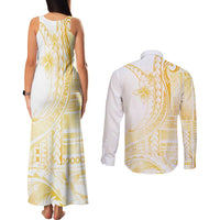 Samoa Siapo Mamanu Couples Matching Tank Maxi Dress and Long Sleeve Button Shirt Plumeria Fancy Gold Motifs LT7 - Polynesian Pride