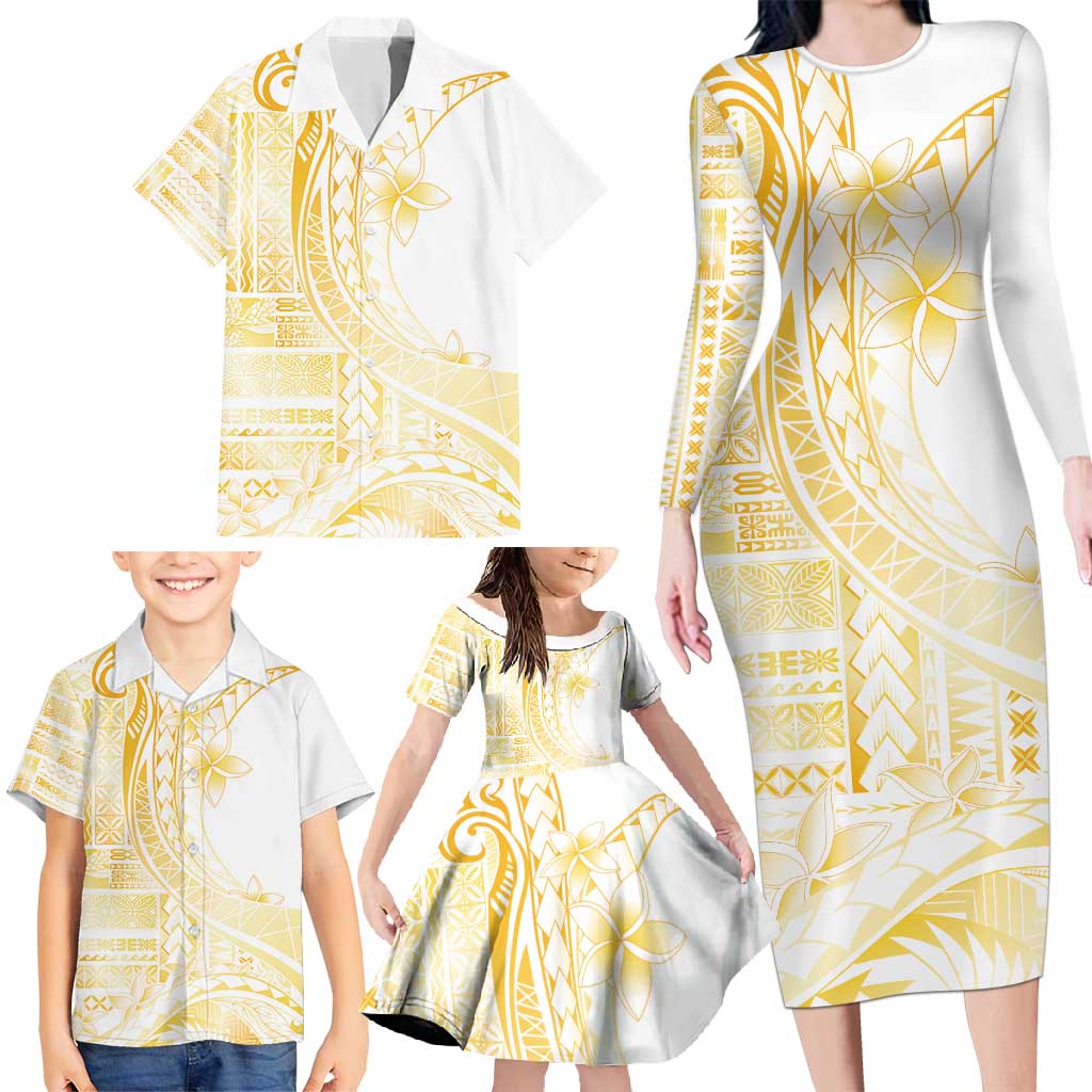 Samoa Siapo Mamanu Family Matching Long Sleeve Bodycon Dress and Hawaiian Shirt Plumeria Fancy Gold Motifs LT7 - Polynesian Pride