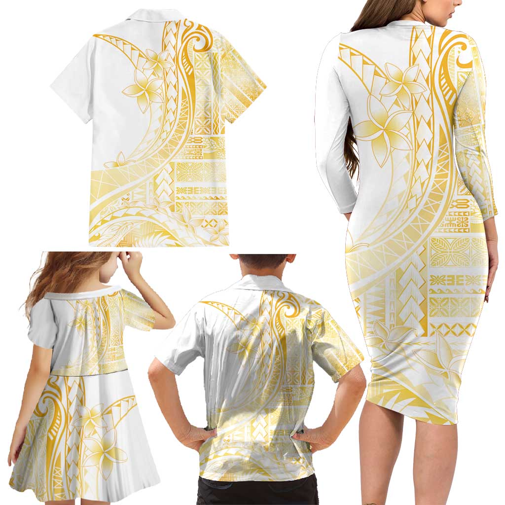 Samoa Siapo Mamanu Family Matching Long Sleeve Bodycon Dress and Hawaiian Shirt Plumeria Fancy Gold Motifs LT7 - Polynesian Pride