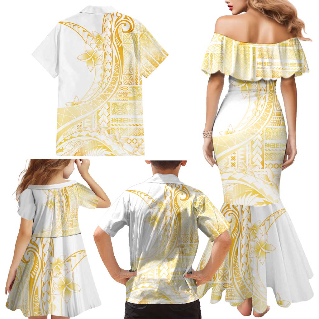 Samoa Siapo Mamanu Family Matching Mermaid Dress and Hawaiian Shirt Plumeria Fancy Gold Motifs LT7 - Polynesian Pride