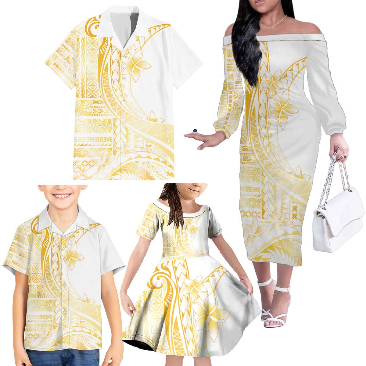 Samoa Siapo Mamanu Family Matching Off The Shoulder Long Sleeve Dress and Hawaiian Shirt Plumeria Fancy Gold Motifs LT7 - Polynesian Pride